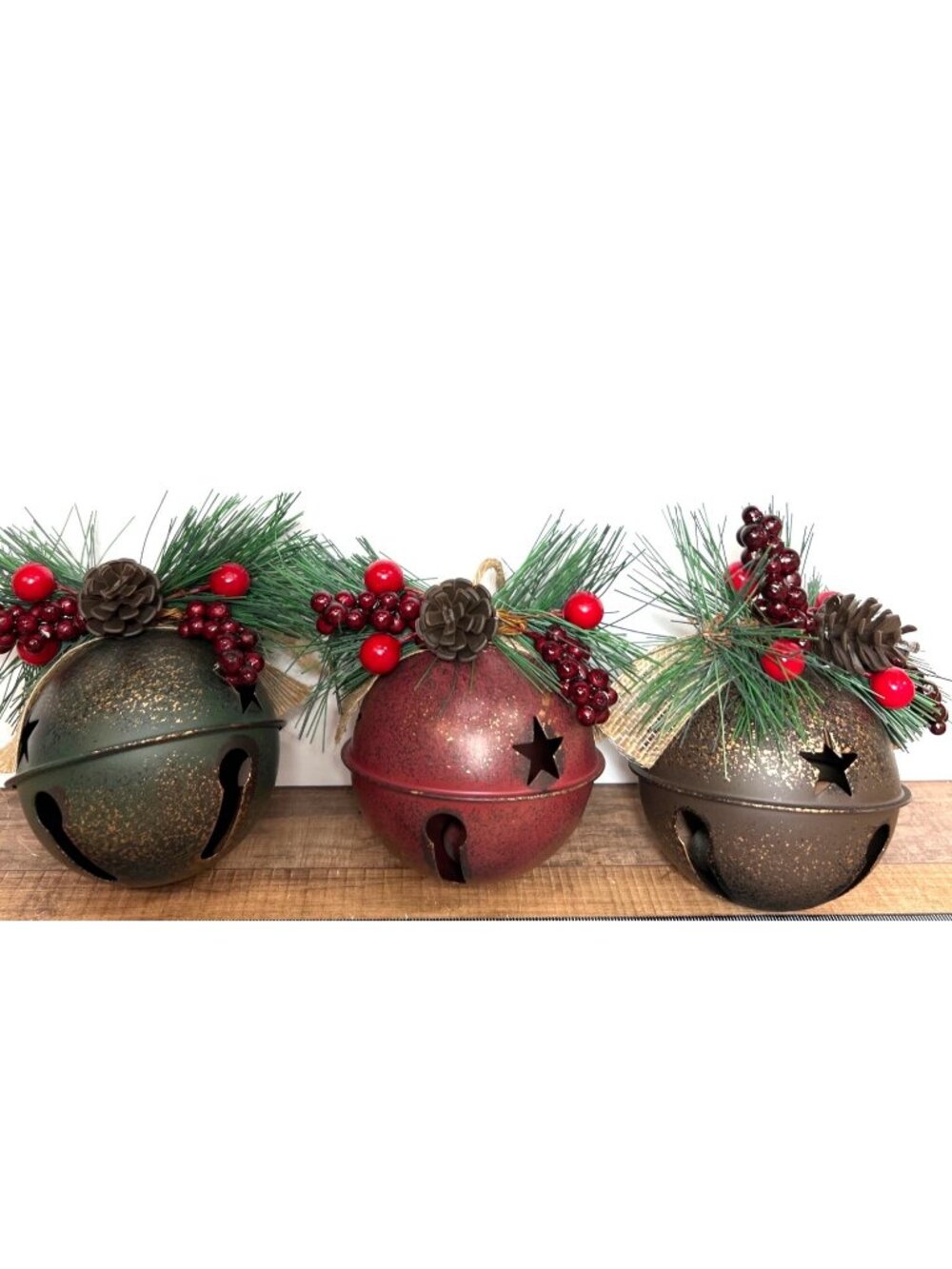 Set Of 3 Holiday Jingle Bells Pinecone Berry & Pine Rustic Red Green & Gold Fini